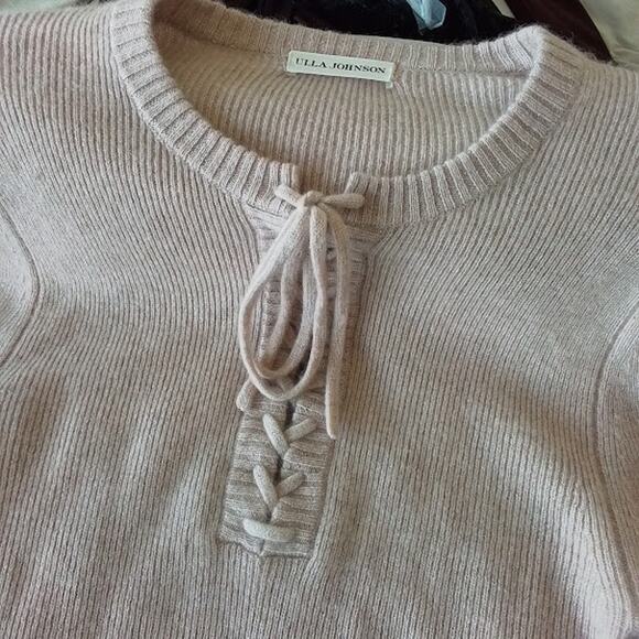 Ulla Johnson 100% Cashmere Tie Neck Puff Sleeve Knit Sweater Beige Women Medium - Picture 4 of 5